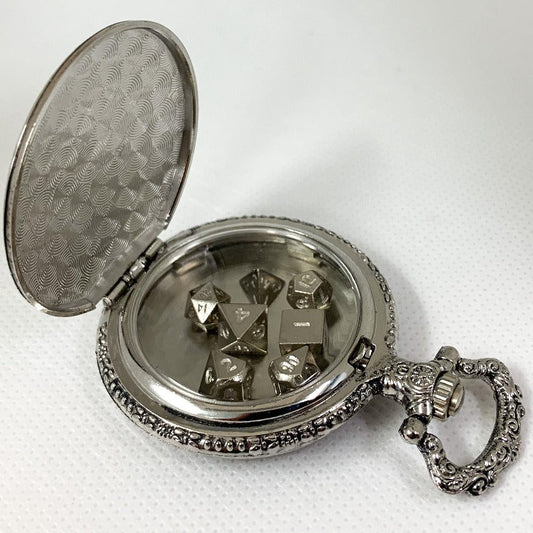 Silver Pocket Watch Case with Silver Metal Micro Dice