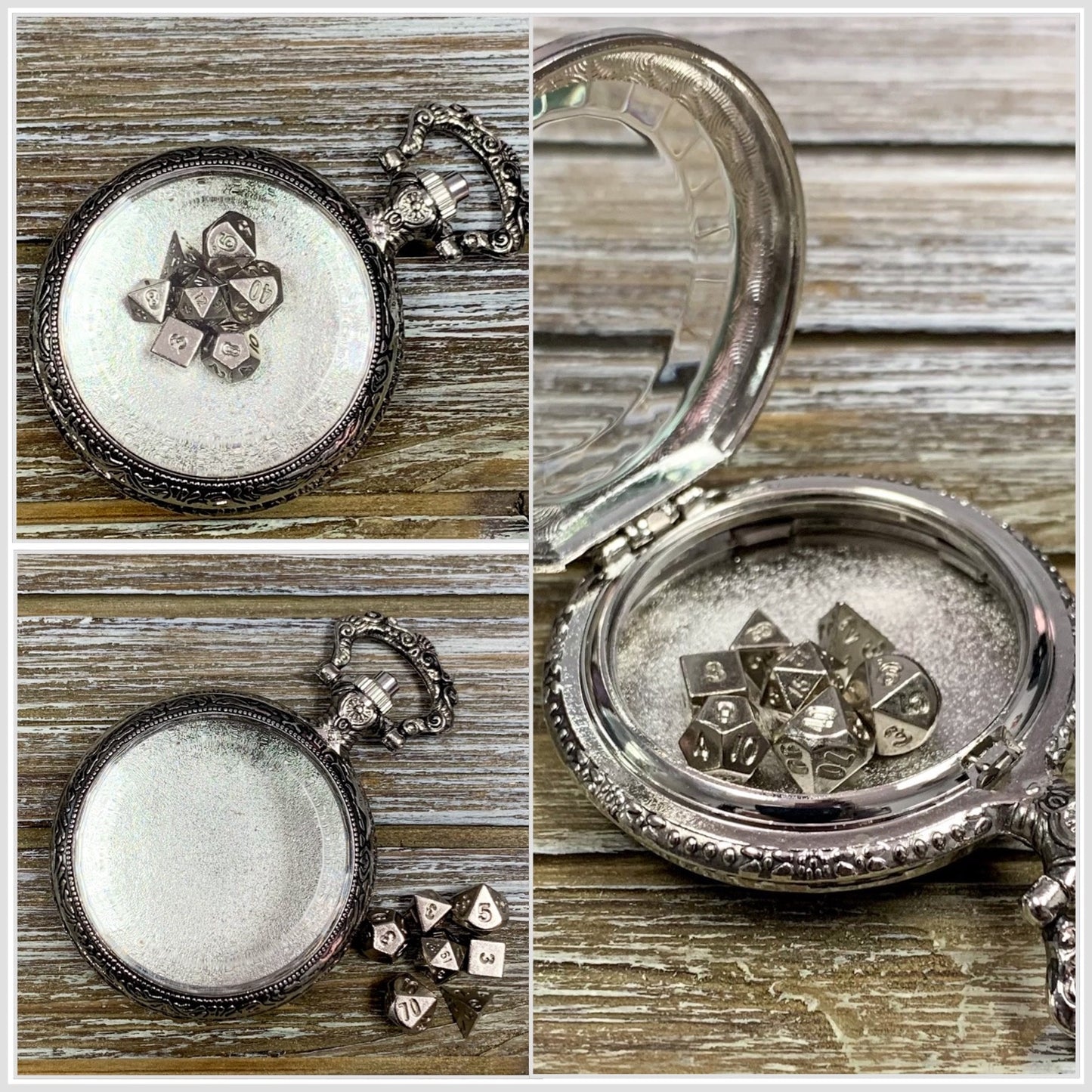 Time to Roll - Silver Pocket Watch Shell with Micro Polyhedral Dice Set (~5mm)