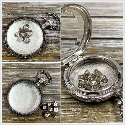 Time to Roll - Silver Pocket Watch Shell with Micro Polyhedral Dice Set (~5mm)