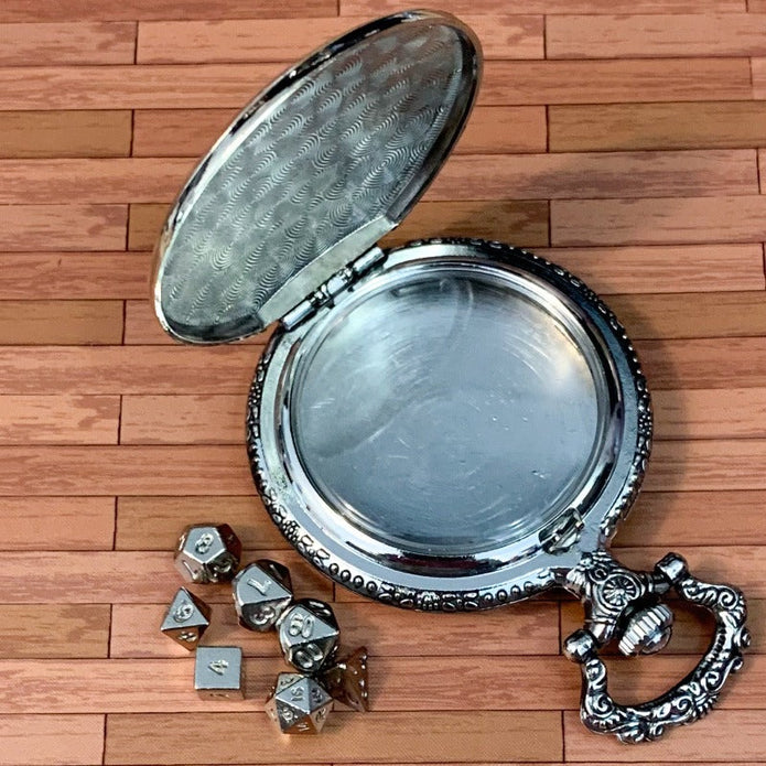 Silver Steampunk Style Pocket Watch Shell with Metal Micro Dice Set